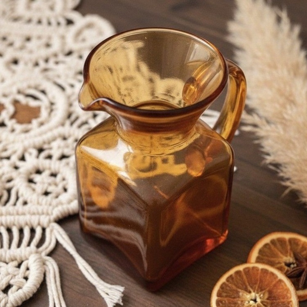 Rainbown Handblown Glass Pitcher Amber, Vintage Amber Glassware, Table Decor